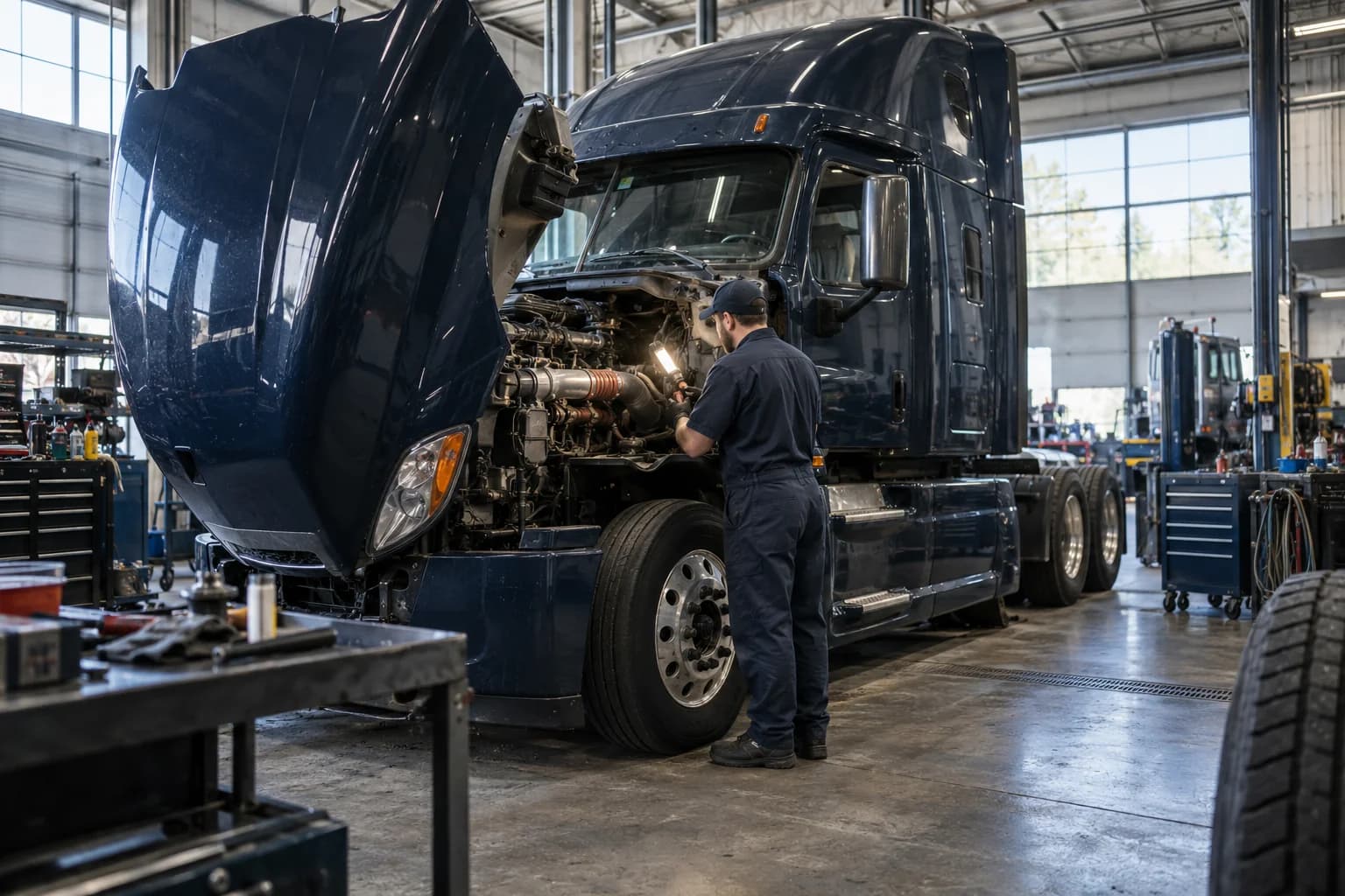 Mechanic inspecting a semi-truck engine in a maintenance workshop